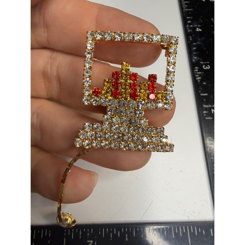 Gold Tone Rhinestone Computer Monitor Brooch City Skyline Crystal Dangle Pin